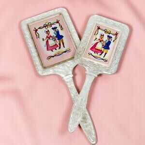 Vintage 1950s Vanity Set Hand Mirror Hairbrush Courting Couple Floral